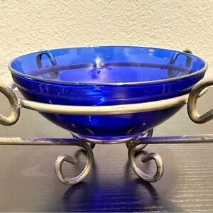Vintage Colbalt Blue Glass Bowl with Metal Stand